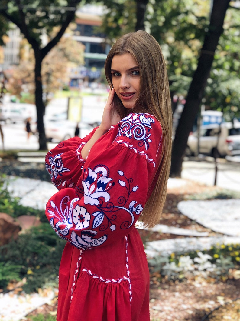Ukrainian embroidered dress red dress vyshyvanka boho gift  etsy