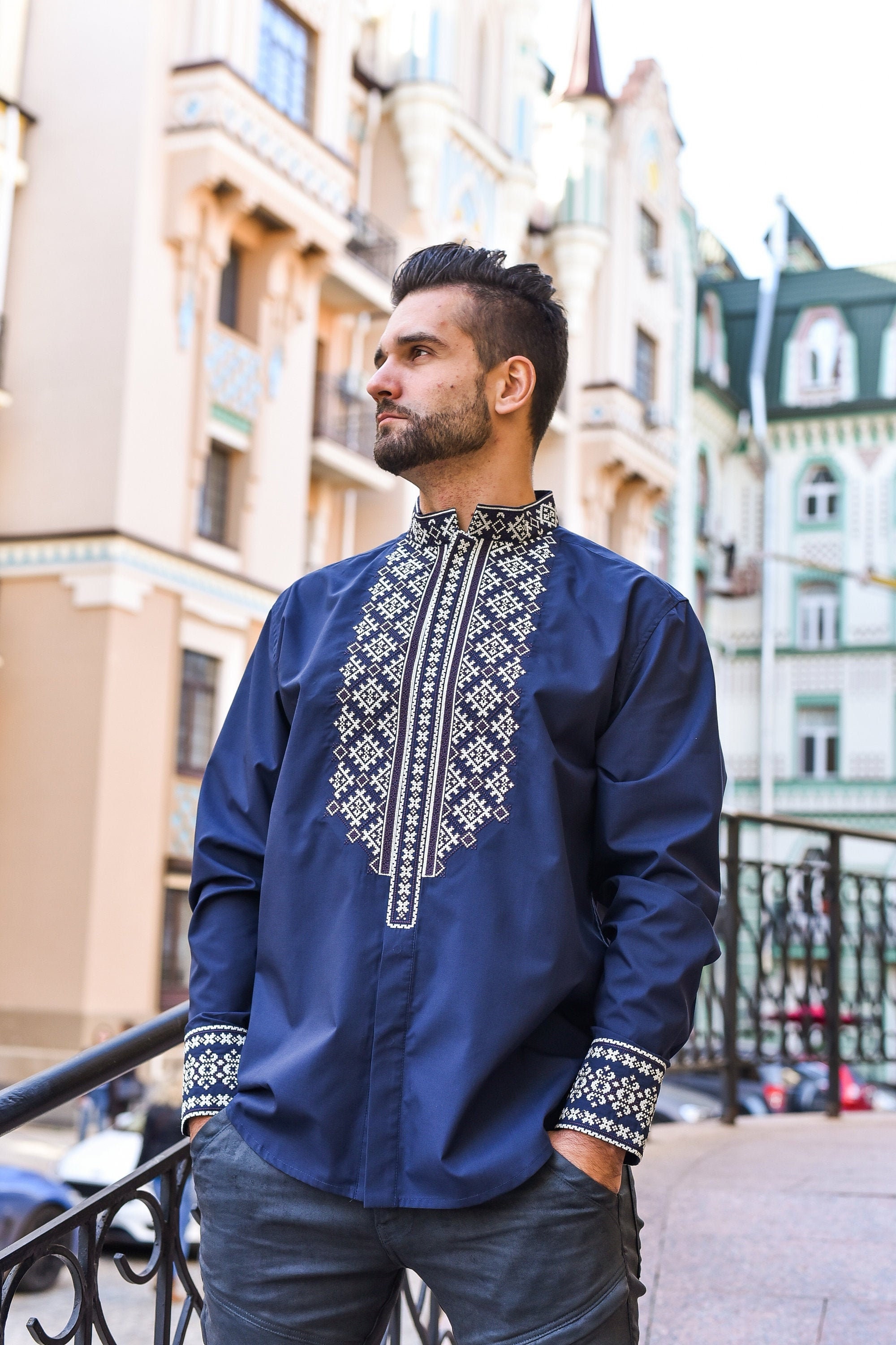 Navy Blue Ukrainian Shirt for Men. Embroidered Shirt. Men's