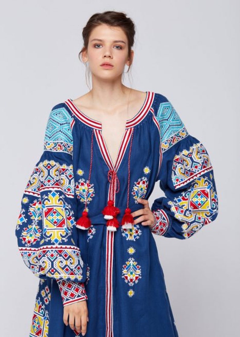 Ukrainian Embroidered Linen Dress. Blue Boho Dress. Gift for | Etsy
