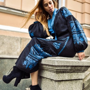 Embroidered Linen Dress Buy, Ukrainian vyshyvanka Black Abaya Embroidered dress Kaftan Mexican Dress Gift for Her. Girl. Boho