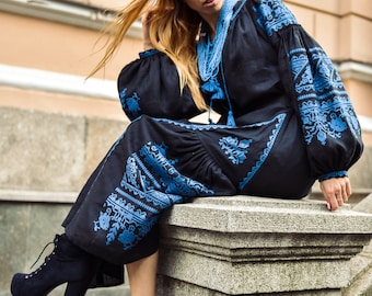 Embroidered Linen Vyshyvanka Dress, Black Abaya Kaftan, Boho Mexican Style