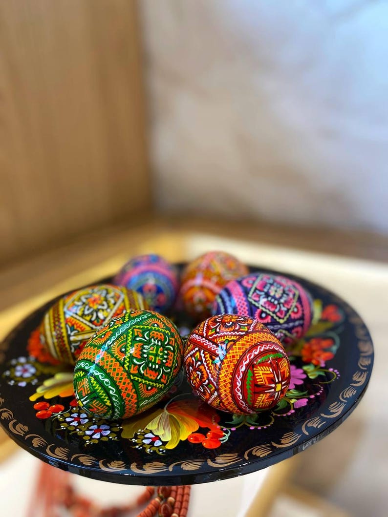 Set 6 Easter Wooden Eggs, Handmade Gift Ukrainian Traditional Pysanky