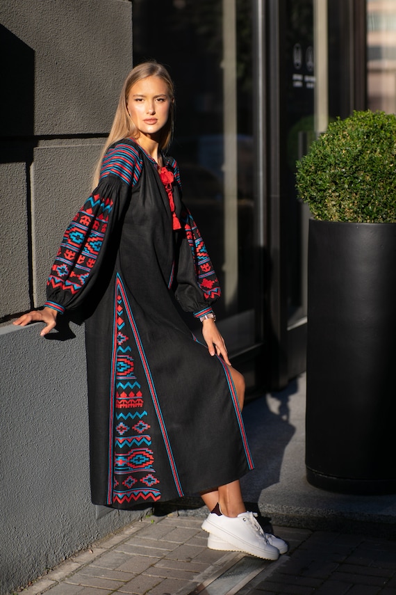 Black Linen Dress Embroidered Boho Linen Abaya Embroidered Dress Kaftan  Women,ukrainian Folk, Lengen Kleed Dress Vyshyvanka - Etsy