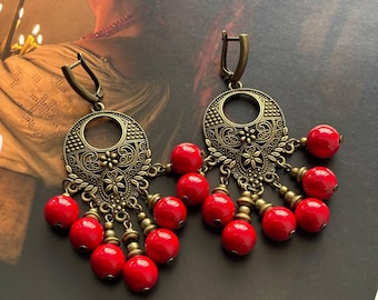 Red Ukrainian Earrings Traditional Jewelry Ethnic Earrings of Pressed Coral Folk Costume Gift for Her Gift for Wife Gift for Christmas