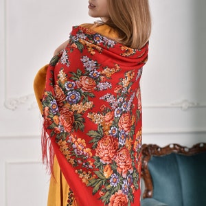 Red Ukrainian shawl, gifts for women, bohemian scarf flower, Traditional MADE in Ukraine Ethnic Folk Ukrainian Wool Shawl