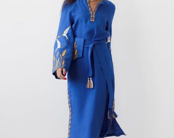 Blue Linen Embroidered Ukrainian Vyshyvanka Dress, Boho Folk Style