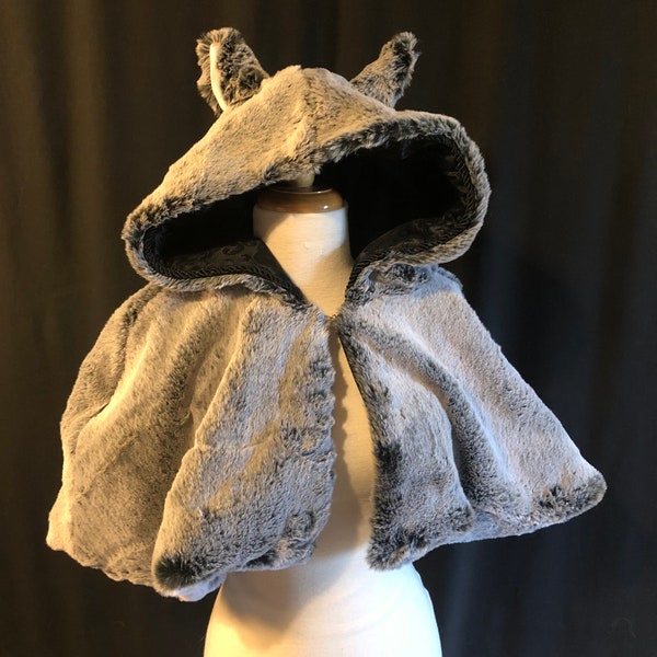 Faux Fur Short Cape With Ears Reversible with Black Brocade, Gray Fur Capelet, Black and Gray Short Cape