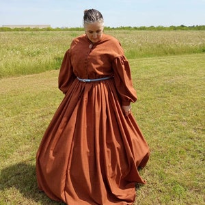 1860’s Style Rust Dress, Drop Shoulder Full skirt Dress, Camp Dress Women&#39;s Size, Reenactment Attire, Historical Clothing