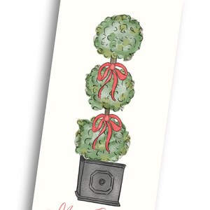 May include: A watercolor illustration of a Christmas card featuring a topiary tree with three green balls decorated with red bows. The text "Merry Christmas" and "LOVE, THE WILLIAMSES" is written in red.