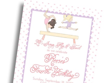 May include: A pink and white invitation with a scalloped border and polka dots. The invitation features illustrations of gymnasts on a balance beam and text that reads "Let's Jump, Flip, & Swirl" and "Reese's Fourth Birthday."