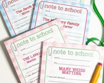 May include: Four colorful note to school forms with a gingham pattern. The forms have a space for the date, to, and from. The forms also have a checklist of reasons for being absent from school. The forms are labeled with the names: The Jacob Family, The Avery Family, The Laval Family, and Mary Weiss Mattina.