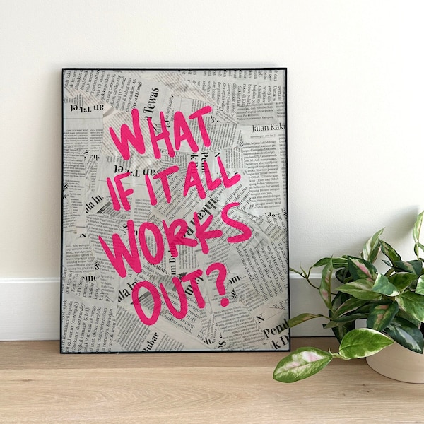 What If It All Works Out Digital Wall Art Print, Trendy Wall Art, Pink Retro Decor, Newspaper Poster, Printable Art - DIGITAL DOWNLOAD
