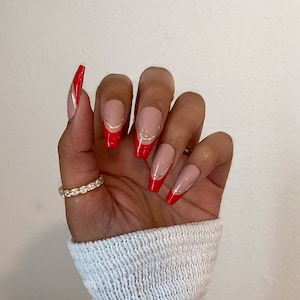 Holly | Red French with Gold Accent Press On Nails | Customizable upon request