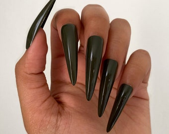 Olive Green Press On Nails | Fake Nails, Faux Nails, Glue On Nails | Coffin, Ballerina, Stiletto, Almond, Square, Round