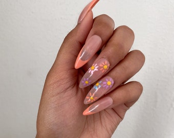 Flower Child | Peach French Flower  Press On Nails