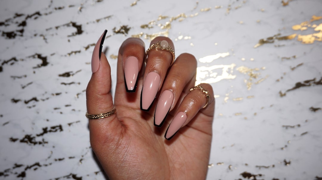 Buy Posh Nude Black French Design Press on Nails Fake Nails Faux Nails  Glue on Nails Coffin Stiletto Almond Round Ballerina Nail Art Trendy  Online