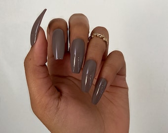 Greige Press On Nails Grey Fake Nails Almond Coffin Stiletto
