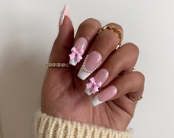 Valentina French Tip Press On Nails | Pearl Bow Coquette Nails Valentines Day Fake Nails