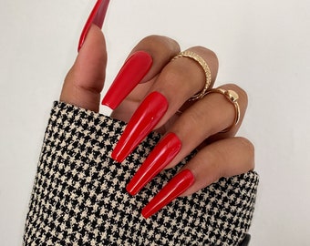 Some Like It Hot | Red Press On Nails Matte or Glossy| Faux Nails | Fake Nails | Coffin, Stiletto, Ballerina, Square, Round, Almond