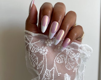 Estelle Handpainted Chrome French Tip Press On Nails Handmade Custom Fake Nails Glue On Gel Luxury Reusable Nail Set