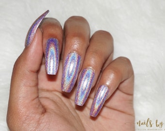 Pink Holographic Press On Nails | Faux Nails | Fake Nails | False Nails | Coffin, Stiletto, Almond, Square, Round | Custom