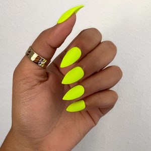 Neon Yellow/Lime Long Coffin Press On Nails | Faux Nails, Fake Nails | Summer Neon Nails | Stiletto, Almond, Square, Round