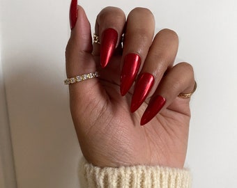 Scarlet | Red Chrome Nails | Custom Press On Nails | Fake Nails | Faux Nails | Stiletto, Coffin, Round, Almond & Square | Holiday NYE