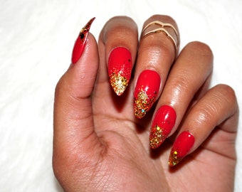 Red Gold Glitter Ombre Nails | Custom Press On Nails | Fake Nails | Faux Nails | Stiletto, Coffin, Round, Almond & Square | Holiday NYE