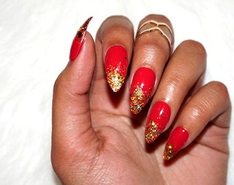 Red Gold Glitter Ombre Nails | Custom Press On Nails | Fake Nails | Faux Nails | Stiletto, Coffin, Round, Almond & Square | Holiday NYE