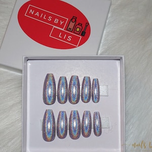 Silver Holographic Press On Nails Ballerina, Coffin, Square, Almond, Round, Stiletto Faux Nails Fake Nails image 1