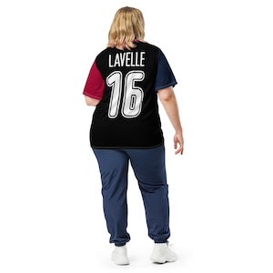 May include: Black jersey with red and blue accents. The back of the jersey has the name "LAVELLE" and the number "16" in white.