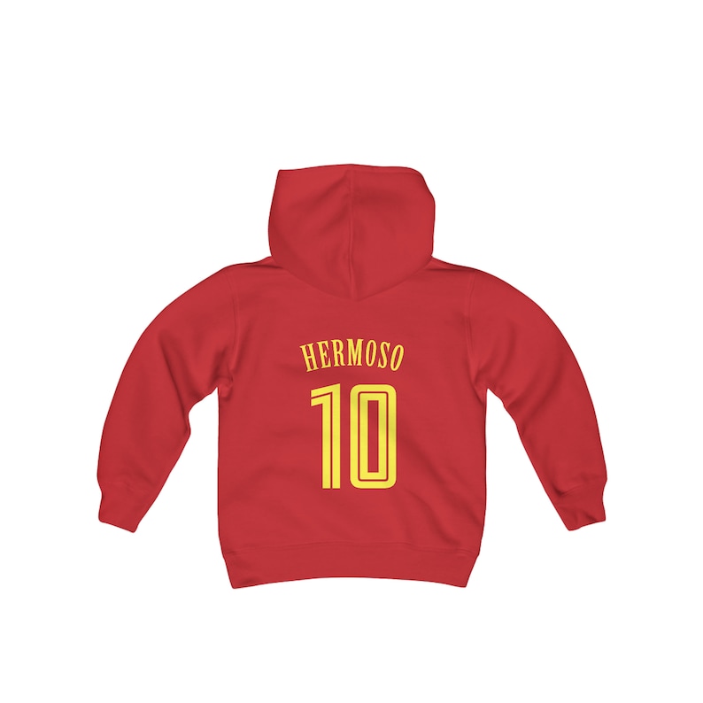 May include: Red youth-sized hoodie with a yellow  "HERMOSO 10" graphic on the back.