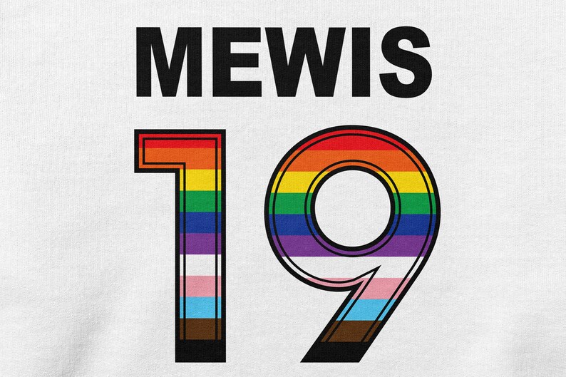 May include: A white jersey with the name "MEWIS" and the number "19" in black outlined in rainbow colors.