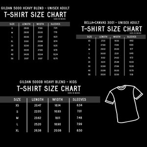 May include: A size chart for Gildan 5000 and Bella + Canvas 3001 t-shirts. The chart shows the size, length, width, and sleeve length in inches for both brands. The chart is black and white and has a simple design.