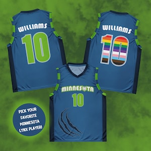 May include: Three basketball jerseys in blue with green and white accents. The jerseys have the number 10 and the name "Williams" on the back. One jersey has a rainbow design on the number 10. Another jersey has the word "Minnesota" and a cat paw print on the front. The text "Pick your favorite Minnesota Lynx player!" is on the bottom left.