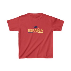 May include: Red short-sleeved t-shirt with a yellow "ESPA&Ntilde;A" graphic and a black bull silhouette above the text.