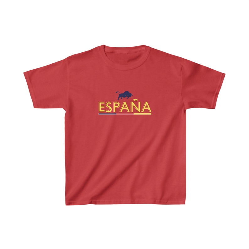 May include: Red short-sleeved t-shirt with a yellow "ESPA&Ntilde;A" graphic and a black bull silhouette above the text.