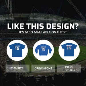 May include: Three different styles of blue t-shirts with the name "RAPINOE" and the number "15" printed on the front. The shirts are displayed on a white background with the text "LIKE THIS DESIGN? IT'S ALSO AVAILABLE ON THESE: T-SHIRTS, CREWNECKS, PRIDE T-SHIRTS" below.
