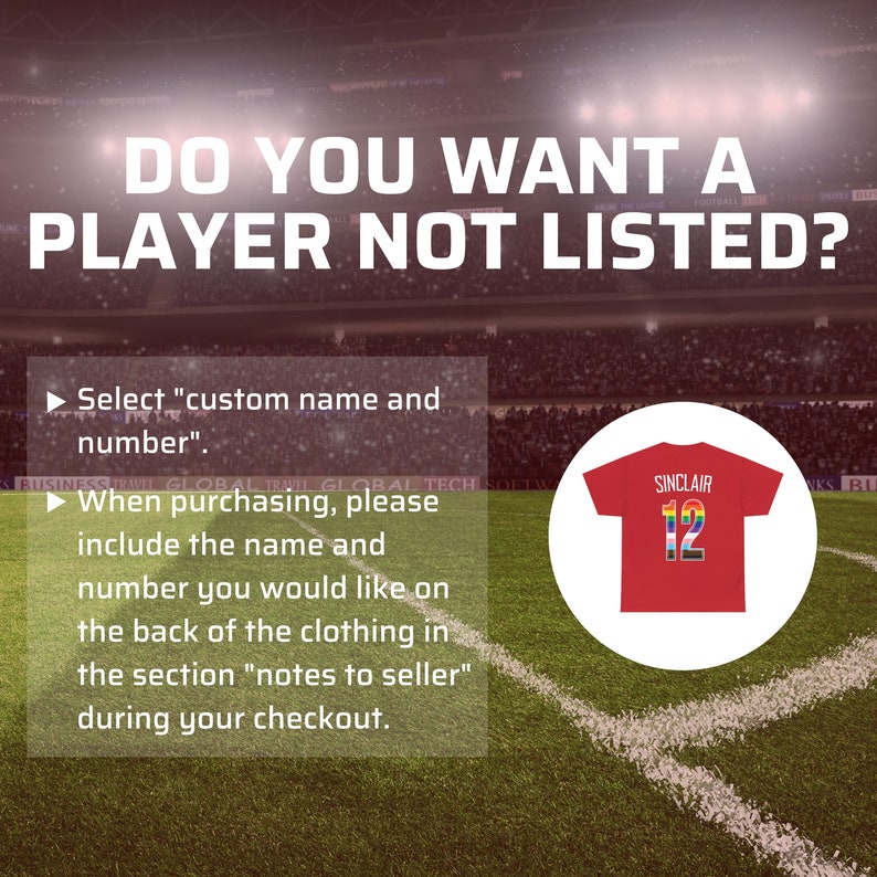 May include: Red t-shirt featuring the name "SINCLAIR" and the number "12" in rainbow colours. The image includes instructions on how to order a custom name and number on the back of the clothing, with the text "DO YOU WANT A PLAYER NOT LISTED?"