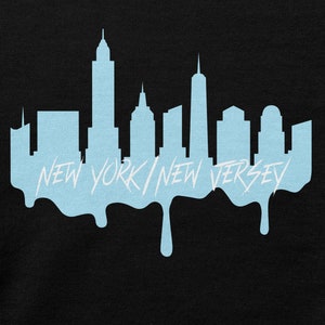May include: A light blue silhouette of the New York City skyline with the text "NEW YORK/NEW JERSEY" dripping down the bottom.