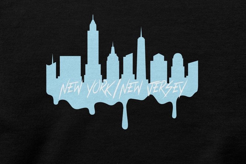 May include: A light blue silhouette of the New York City skyline with the text "NEW YORK/NEW JERSEY" dripping down the bottom.