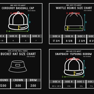 Puede incluir: Diagrama que muestra las medidas de cuatro tipos diferentes de sombreros: una gorra de b&eacute;isbol de pana, un gorro de lana tipo waffle, un sombrero de pescador y un sombrero snapback-yupoong 6089m. Las medidas est&aacute;n etiquetadas con las letras A, B, C y D, y las medidas correspondientes se enumeran en pulgadas.