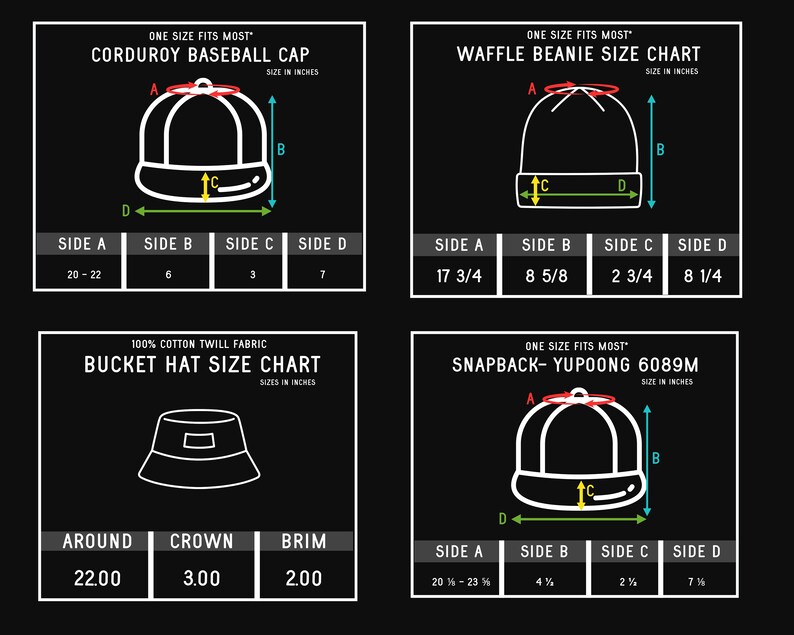 Puede incluir: Diagrama que muestra las medidas de cuatro tipos diferentes de sombreros: una gorra de b&eacute;isbol de pana, un gorro de lana tipo waffle, un sombrero de pescador y un sombrero snapback-yupoong 6089m. Las medidas est&aacute;n etiquetadas con las letras A, B, C y D, y las medidas correspondientes se enumeran en pulgadas.