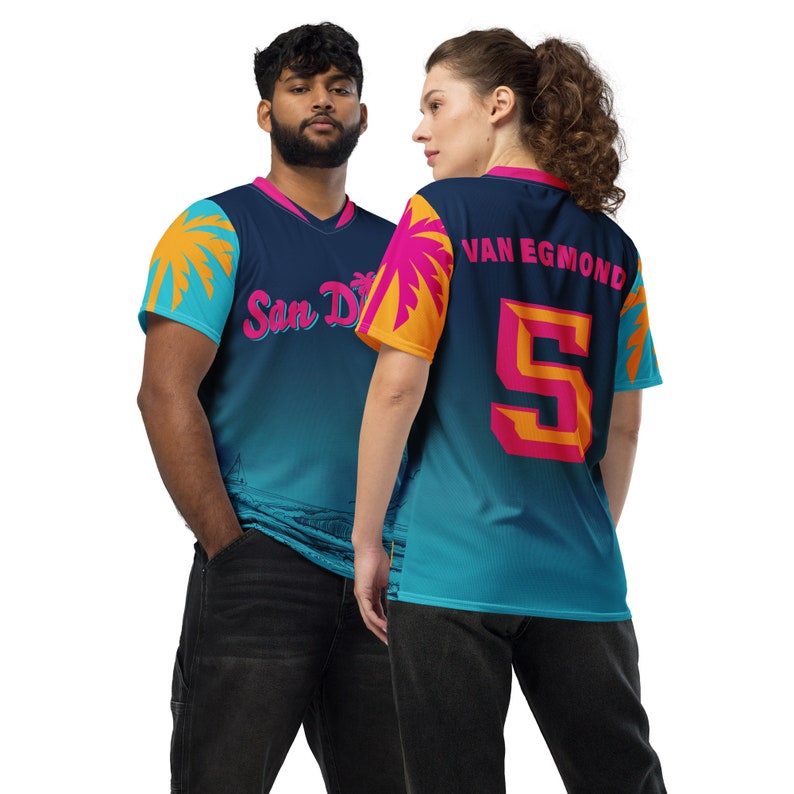 May include: Two people wearing blue and teal athletic jerseys with a palm tree design. The jersey on the left says "San Di" and the jersey on the right says "Van Egmond 5".