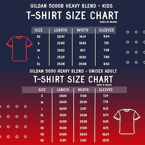 Puede incluir: Una tabla de tallas para camisetas de mezcla pesada Gildan 5000B en tallas para ni&ntilde;os y adultos. La tabla muestra la longitud, el ancho y la longitud de la manga en pulgadas para cada talla.