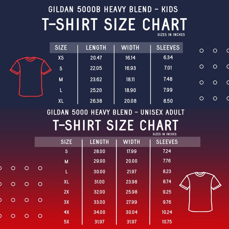 Puede incluir: Una tabla de tallas para camisetas de mezcla pesada Gildan 5000B en tallas para ni&ntilde;os y adultos. La tabla muestra la longitud, el ancho y la longitud de la manga en pulgadas para cada talla.