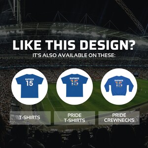 May include: Three blue t-shirts and a blue sweatshirt with the text "RAPINOE 15" on the front. The t-shirts are available in regular and pride versions. The sweatshirt is a pride crewneck.