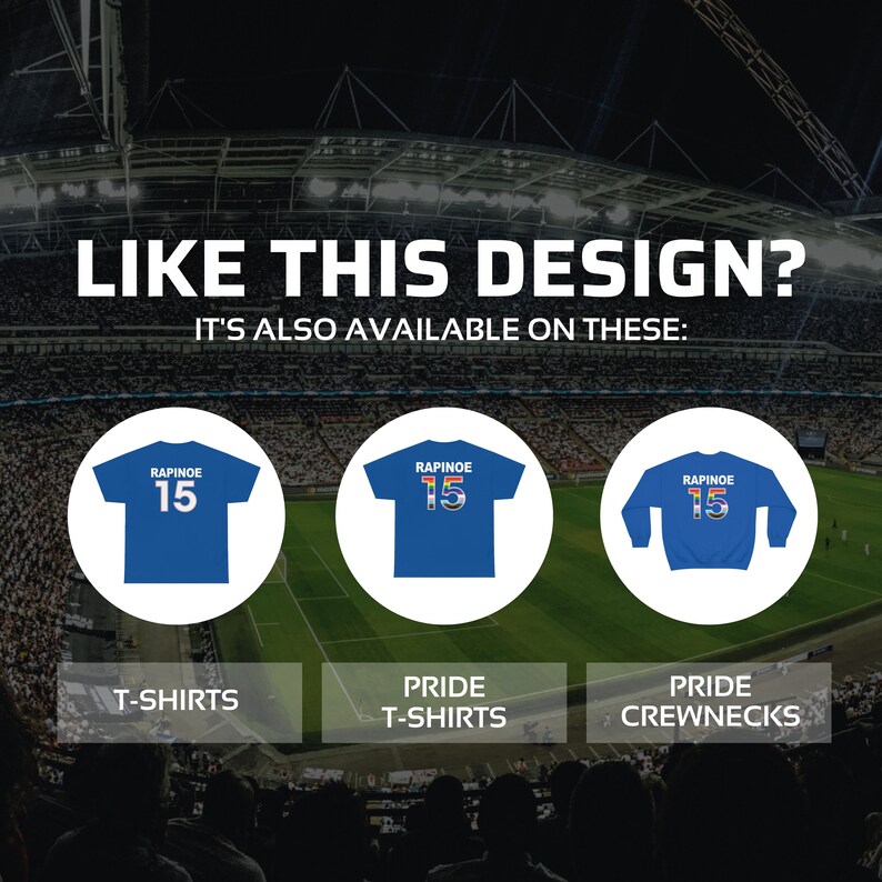 May include: Three blue t-shirts and a blue sweatshirt with the text "RAPINOE 15" on the front. The t-shirts are available in regular and pride versions. The sweatshirt is a pride crewneck.