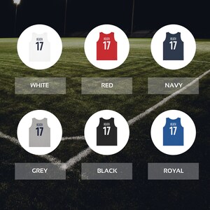 May include: Six different color variations of a white basketball jersey with the name "HEATH" and the number "17" printed on the front. The colors are white, red, navy, grey, black, and royal blue.
