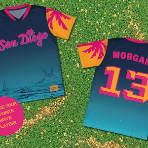 May include: Two blue, orange, and pink sublimated sports jerseys with palm tree graphics. The front jersey has "San Diego" written in pink script. The back jersey has "MORGAN 13" in pink and orange.